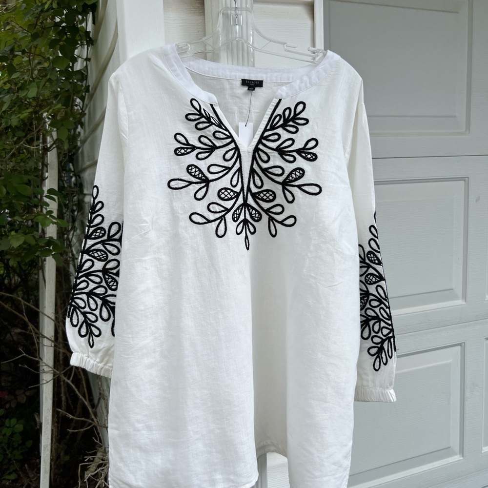 NWT Talbots Gorgeous White Black Leaf Embroidered Linen Cotton Lined Tunic